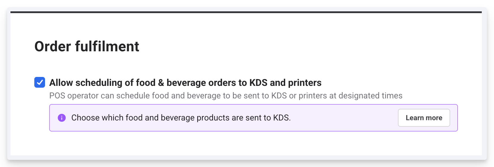 POS order settings with the option checked to allow scheduling of food and beverage orders to KDS and printers